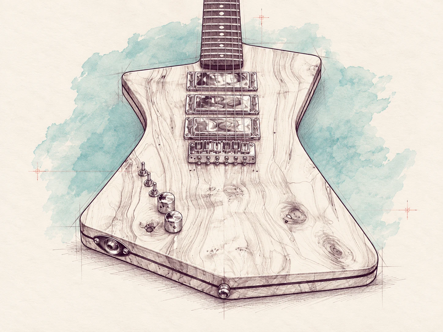 A handmade electric guitar in figured maple with three chrome pickups